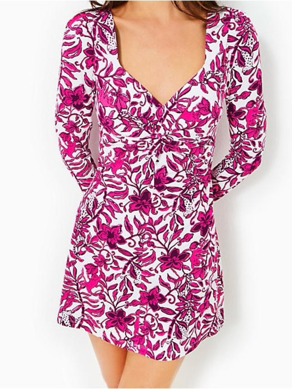 Lilly Pulitzer Hot Pink Floral Long-Sleeve V-Neck dress with attached shorts.